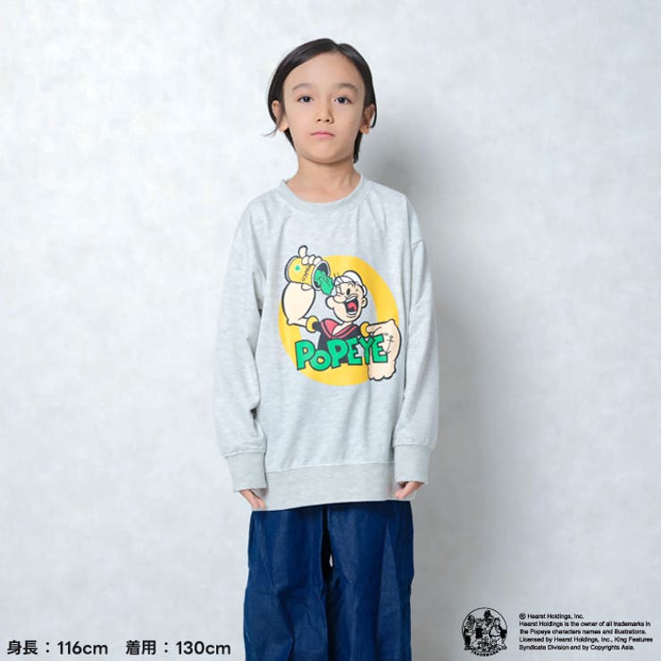 POPEYEトレーナーキッズ子供服男の子女の子キャラクターポパイ長袖トップススウェットビッグシルエットBIGビックゆったり大きめロゴプリント裏毛アメカジジュニア110cm120cm130cm140cm150cm160cm「POP44-01」
