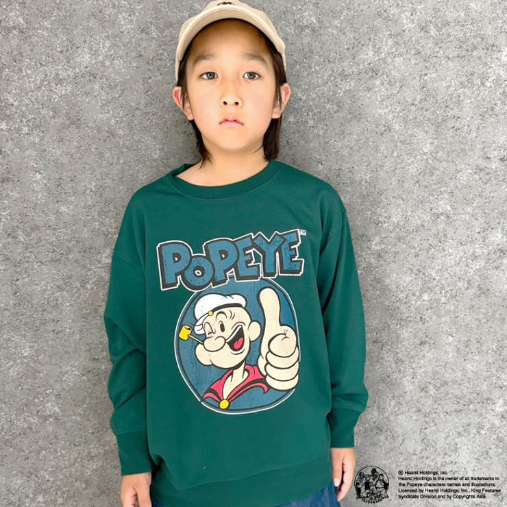 POPEYEトレーナーキッズ子供服男の子女の子キャラクターポパイ長袖トップススウェットビッグシルエットBIGビックゆったり大きめロゴプリント裏毛アメカジジュニア110cm120cm130cm140cm150cm160cm「POP44-01」
