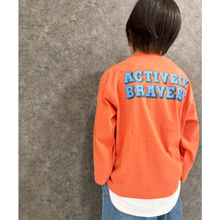 16-14オレンジ/D | オーバーサイズフェイクロンT キッズ 長袖Tシャツ | ZI-ON