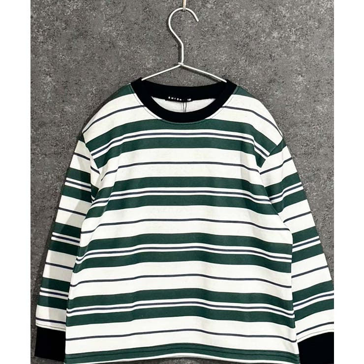 6-1ホワイト×グリーン | ボーダー 裏起毛トレーナー キッズ | ZI-ON