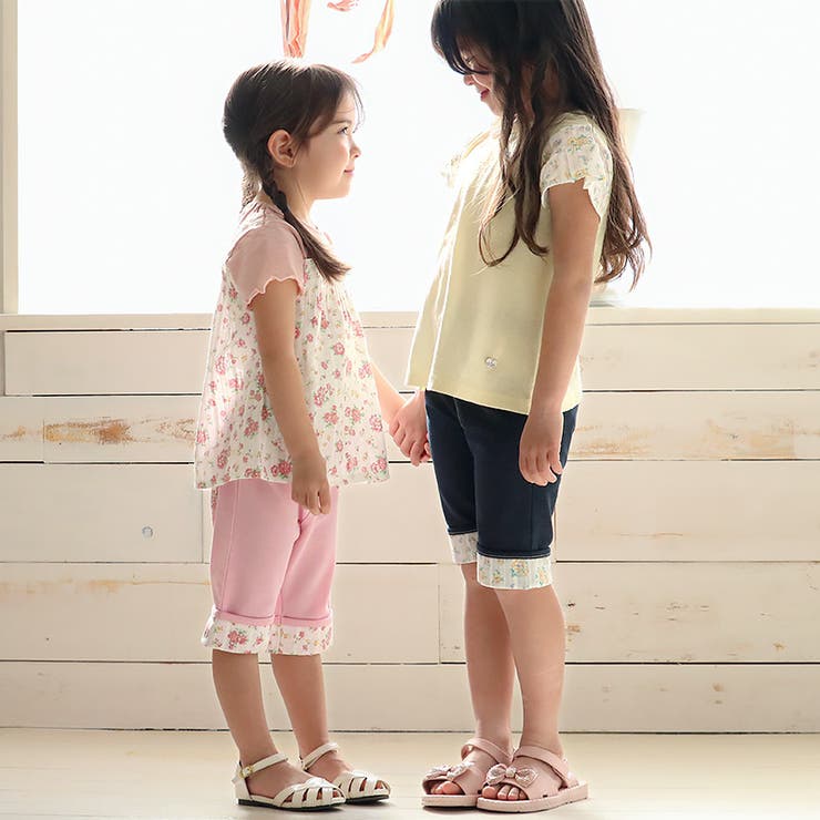 ガールズハーフパンツ5分丈ニットデニム半ズボン女の子花柄フラワーポケット付【UZULANDウズランド】キッズベビー短パンデニム裾ウエストゴムデザイン折り返し伸縮ストレッチカジュアルピンクネイビー可愛いかわいい809095100110120130