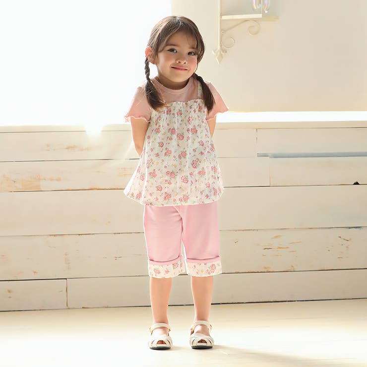 ガールズハーフパンツ5分丈ニットデニム半ズボン女の子花柄フラワーポケット付【UZULANDウズランド】キッズベビー短パンデニム裾ウエストゴムデザイン折り返し伸縮ストレッチカジュアルピンクネイビー可愛いかわいい809095100110120130