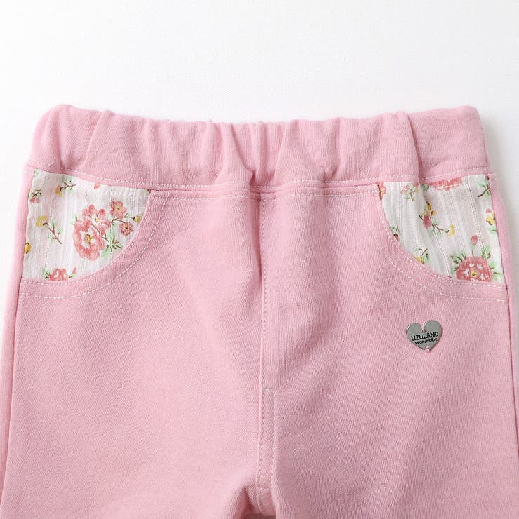 ガールズハーフパンツ5分丈ニットデニム半ズボン女の子花柄フラワーポケット付【UZULANDウズランド】キッズベビー短パンデニム裾ウエストゴムデザイン折り返し伸縮ストレッチカジュアルピンクネイビー可愛いかわいい809095100110120130