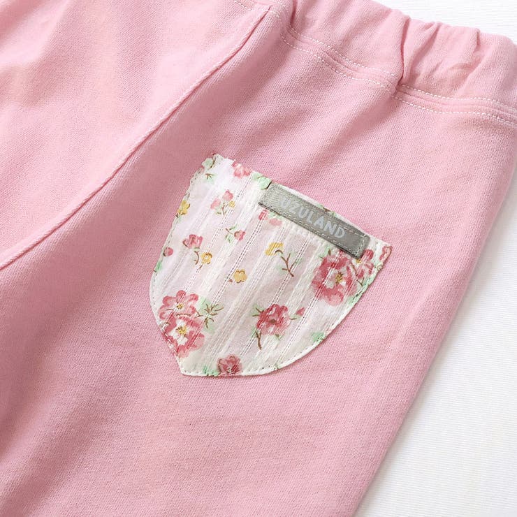 ガールズハーフパンツ5分丈ニットデニム半ズボン女の子花柄フラワーポケット付【UZULANDウズランド】キッズベビー短パンデニム裾ウエストゴムデザイン折り返し伸縮ストレッチカジュアルピンクネイビー可愛いかわいい809095100110120130
