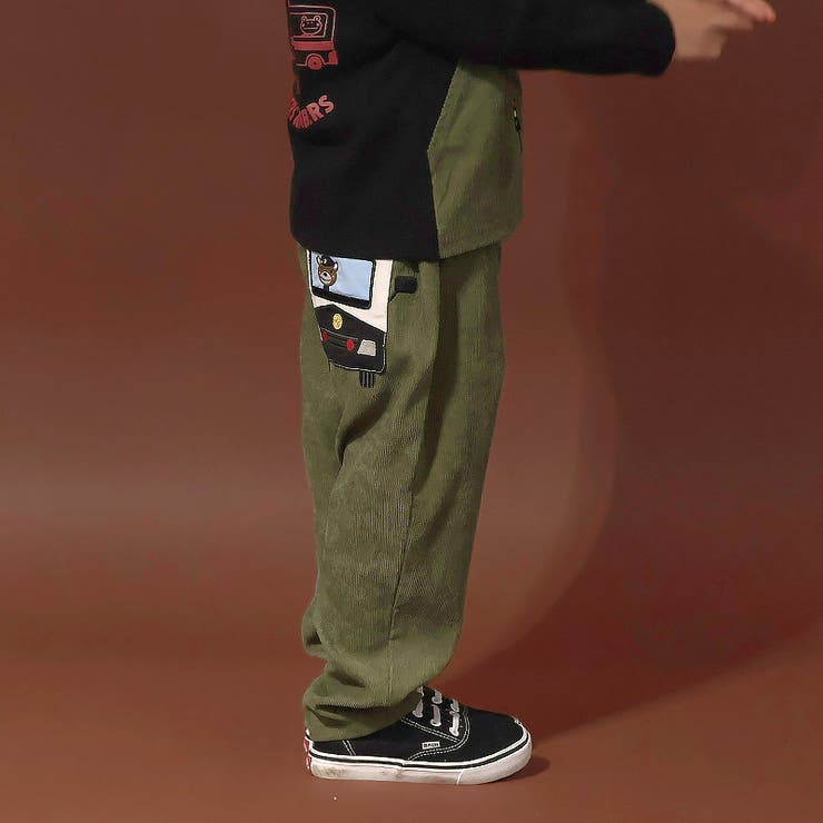 キッズ10分丈パンツコーデュロイパンツ男の子女の子起毛なし【ZOOMICズーミック】ベビーストレッチズボンボトムス伸縮ウエストゴムアニマル動物パトカー消防車働く車刺繍くるまくまキャラクター男児女児ブルーカーキ809095100110120130