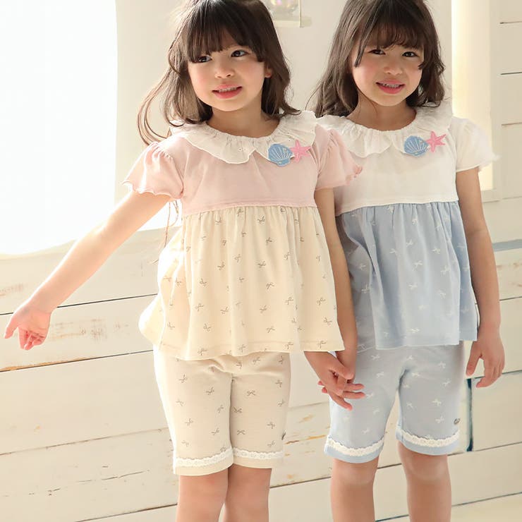 ガールズハーフパンツ5分丈レース半ズボン女の子ポケット付【UZULANDウズランド】キッズベビー短パンジャカード裾ウエストゴムデザイン伸縮ストレッチカジュアルベージュサックス可愛いかわいい809095100110120130