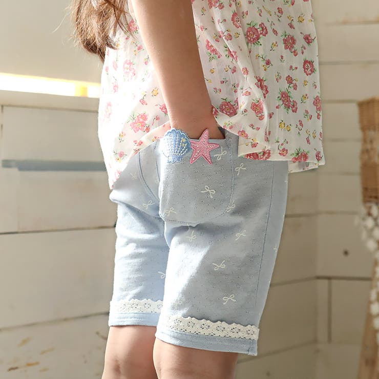 ガールズハーフパンツ5分丈レース半ズボン女の子ポケット付【UZULANDウズランド】キッズベビー短パンジャカード裾ウエストゴムデザイン伸縮ストレッチカジュアルベージュサックス可愛いかわいい809095100110120130