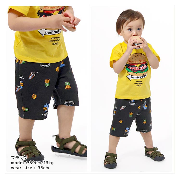 キッズ5分丈パンツハーフパンツ男の子女の子イージーパンツ【GrinLabグリンラボ】ベビーストレッチズボンボトムス短パン涼しいミニ裏毛伸縮ウエストゴム総柄プリントポテトハンバーガー食べ物たべものフード男児女児809095100110120130