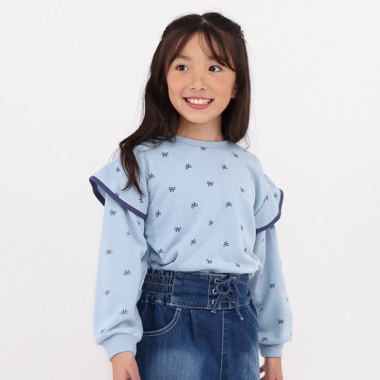 ガールズトレーナー裏毛リボン柄袖切替起毛なし長袖スウェット女の子プリント【GrinLabグリンラボ】ガーリートップスカットソーロンTインナーベビーサックスピンク総柄809095100110120130