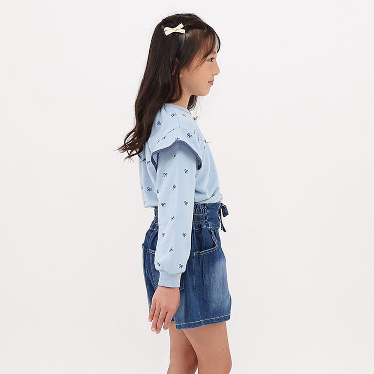 ガールズトレーナー裏毛リボン柄袖切替起毛なし長袖スウェット女の子プリント【GrinLabグリンラボ】ガーリートップスカットソーロンTインナーベビーサックスピンク総柄809095100110120130