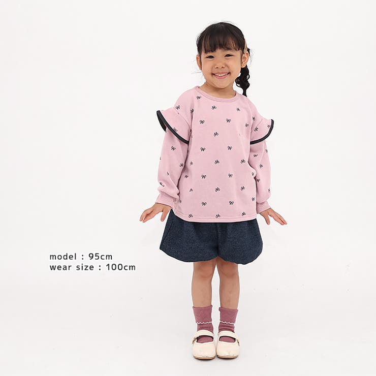 ガールズトレーナー裏毛リボン柄袖切替起毛なし長袖スウェット女の子プリント【GrinLabグリンラボ】ガーリートップスカットソーロンTインナーベビーサックスピンク総柄809095100110120130