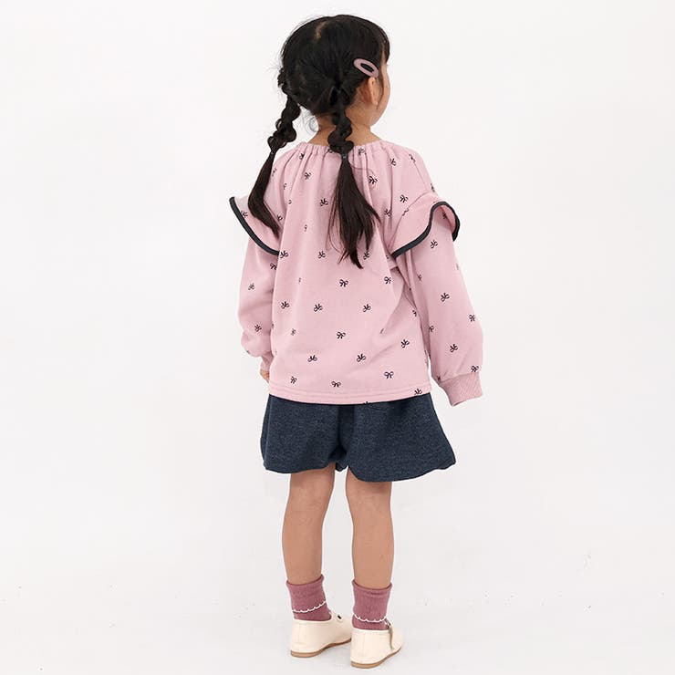 ガールズトレーナー裏毛リボン柄袖切替起毛なし長袖スウェット女の子プリント【GrinLabグリンラボ】ガーリートップスカットソーロンTインナーベビーサックスピンク総柄809095100110120130
