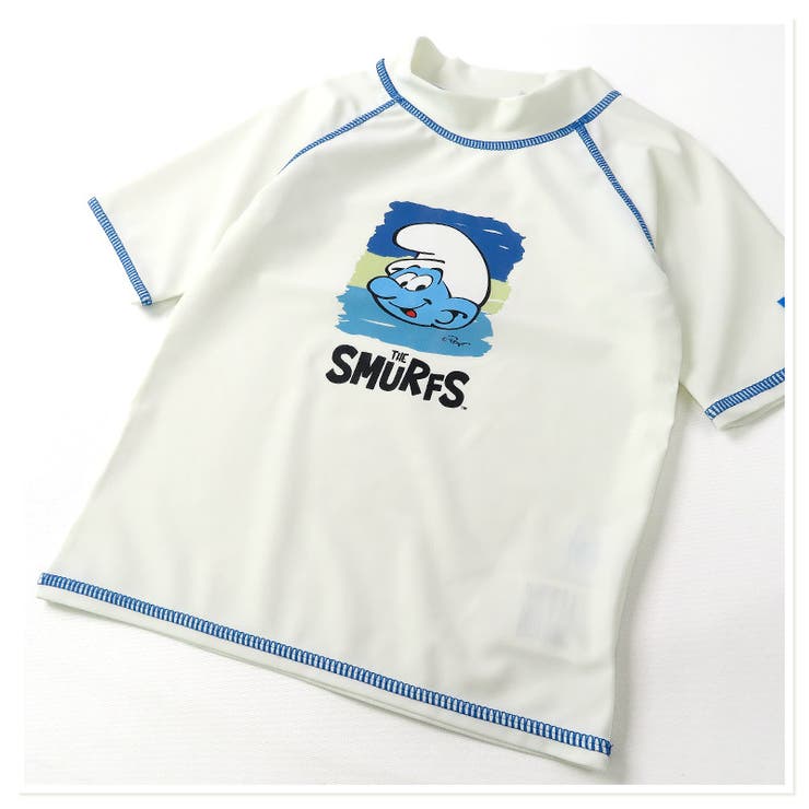 水着スマーフ半袖ラッシュガードフルジップUV加工UPF50＋(100-130cm)【SMURFS】▽子供キッズベビー男の子柄かわいいアニメキャラクタープール海水浴レジャー夏水遊び100cm110cm120cm130cm▽ポイント消化