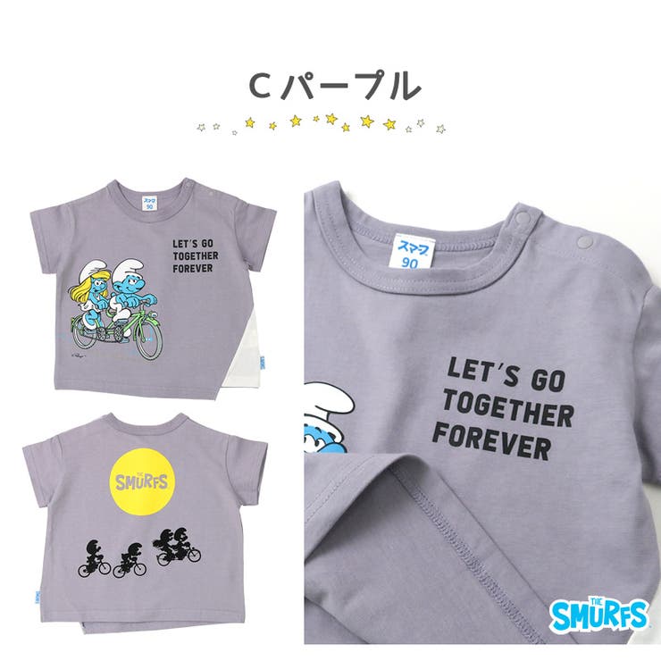 ＜トップス＞スマーフ夏デザイン綿100％切替半袖Tシャツ(80-130cm)【SUMRFS】▽子供服キッズベビー二次加工カットソー夏服男の子女の子おしゃれ可愛いアニメキャラクター80cm90cm95cm100cm110cm120cm130cm▽