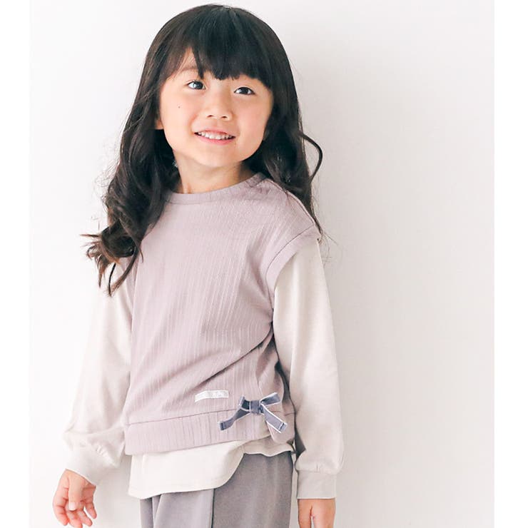 子供服トップスウズランドベスト重ね着風長袖Tシャツ(80-130cm)【Uzuland】▽女の子ガールズくすみナチュラルベージュトレンドガーリーキッズベビーかわいいおしゃれ秋物80cm90cm95cm100cm110cm120cm130cm▽ポイント消化