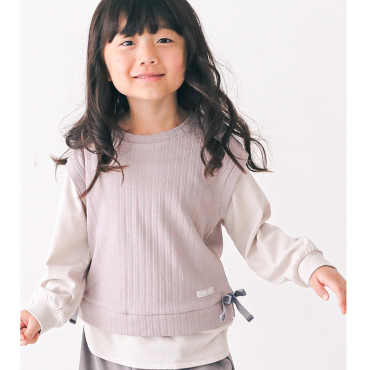 子供服トップスウズランドベスト重ね着風長袖Tシャツ(80-130cm)【Uzuland】▽女の子ガールズくすみナチュラルベージュトレンドガーリーキッズベビーかわいいおしゃれ秋物80cm90cm95cm100cm110cm120cm130cm▽ポイント消化