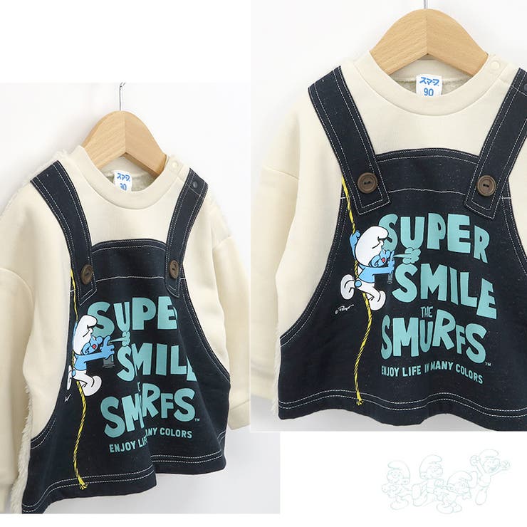 子供服スマーフトレーナー裏起毛キッズ重ね着風トップスプリント長袖(80-130)【SMURFS】▽ボーイズジュニアガールズ男の子女の子ベビーアニメキャラクタードイツ冬物80cm90cm95cm100cm110cm120cm130cm▽