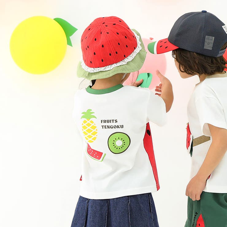 キッズ帽子ハットチューリップハット子供用男の子女の子くだものスイカいちごイチゴ苺【フルーツ天国】ベビー日除け熱中症対策熱さ対策暑さ対策子供帽子子どもこども果物すいか西瓜レッドグリーンダンス通園通学新学期プレゼント贈り物