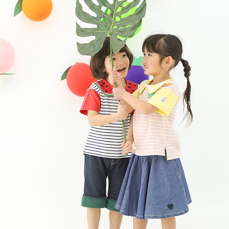キッズTシャツポロシャツ半袖襟付きボーダーTくだものスイカレモン男の子女の子【フルーツ天国】ベビートップスカットソー切替配色デザイン天竺フロントボタン食べ物フルーツ果物すいか檸檬プリント子ども809095100110120130