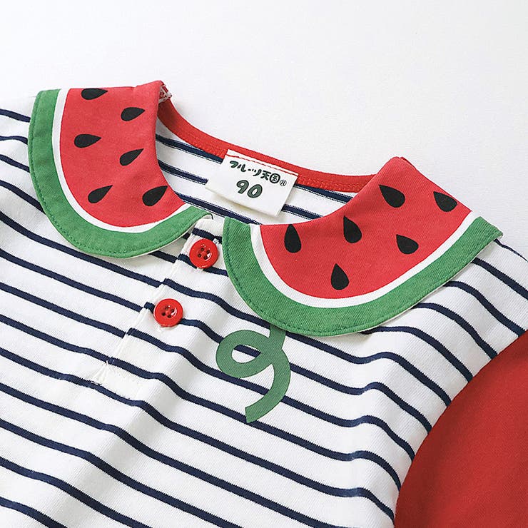キッズTシャツポロシャツ半袖襟付きボーダーTくだものスイカレモン男の子女の子【フルーツ天国】ベビートップスカットソー切替配色デザイン天竺フロントボタン食べ物フルーツ果物すいか檸檬プリント子ども809095100110120130
