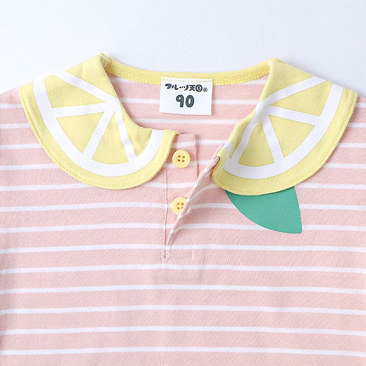 キッズTシャツポロシャツ半袖襟付きボーダーTくだものスイカレモン男の子女の子【フルーツ天国】ベビートップスカットソー切替配色デザイン天竺フロントボタン食べ物フルーツ果物すいか檸檬プリント子ども809095100110120130