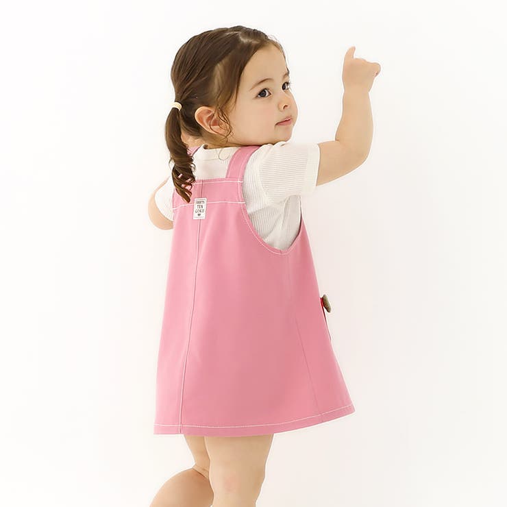 ガールズジャンパースカートキッズサロペットオーバーオールいちごイチゴ苺くだもの女の子ベビー【フルーツ天国】ジャンスカツイルボトムスパンツアウターオールインワンフロントポケット果物ピンクベージュ809095100110120130