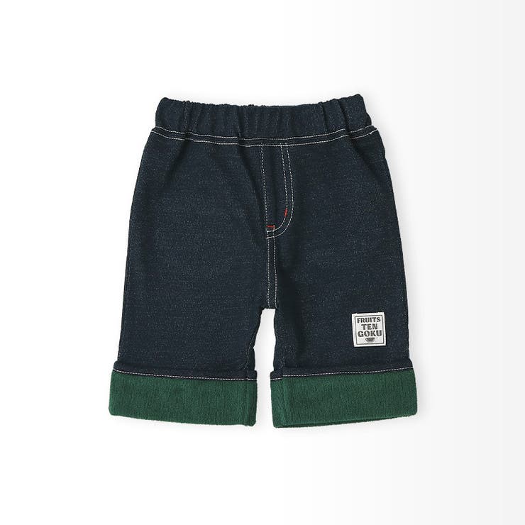 キッズ5分丈パンツハーフパンツニットデニム男の子女の子くだものスイカキウイ【フルーツ天国】ベビーズボンボトムスショートパンツウエストゴム折り返しバックポケット果物すいか西瓜ネイビーベージュ男児女児809095100110120130