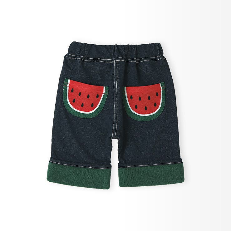 キッズ5分丈パンツハーフパンツニットデニム男の子女の子くだものスイカキウイ【フルーツ天国】ベビーズボンボトムスショートパンツウエストゴム折り返しバックポケット果物すいか西瓜ネイビーベージュ男児女児809095100110120130