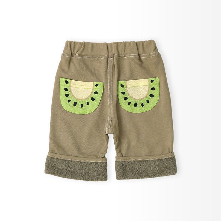 キッズ5分丈パンツハーフパンツニットデニム男の子女の子くだものスイカキウイ【フルーツ天国】ベビーズボンボトムスショートパンツウエストゴム折り返しバックポケット果物すいか西瓜ネイビーベージュ男児女児809095100110120130