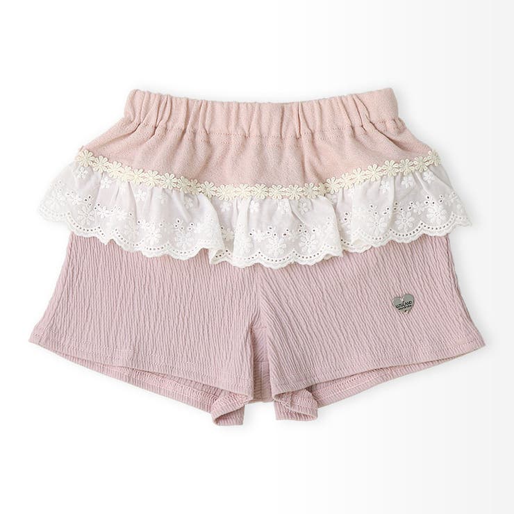 ガールズショートパンツニットフリル半ズボン女の子【UZULANDウズランド】キッズベビーハーフパンツショーパン短パンウエストゴム伸縮伸びるストレッチカジュアルピンクベージュ可愛いかわいい809095100110120130