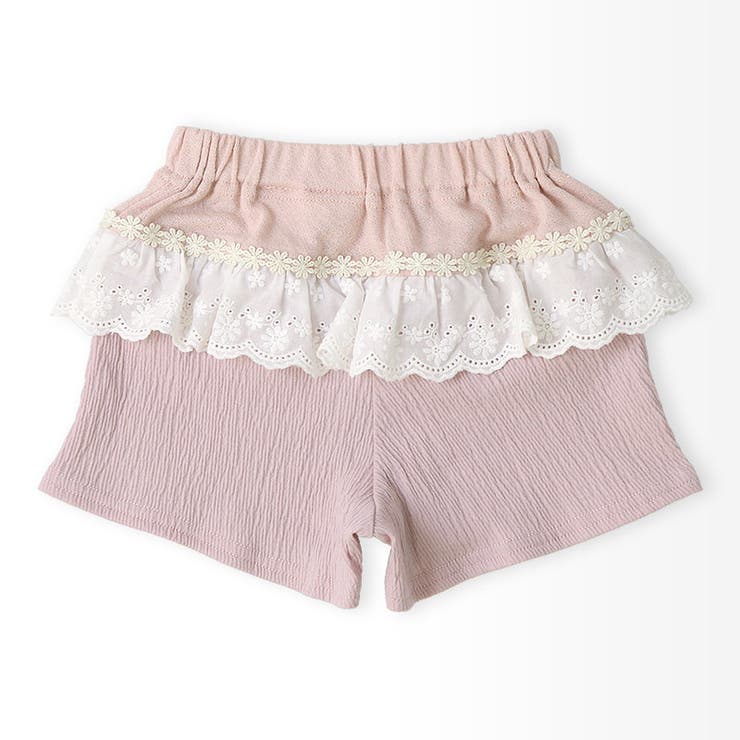 ガールズショートパンツニットフリル半ズボン女の子【UZULANDウズランド】キッズベビーハーフパンツショーパン短パンウエストゴム伸縮伸びるストレッチカジュアルピンクベージュ可愛いかわいい809095100110120130