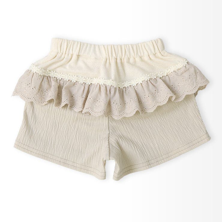 ガールズショートパンツニットフリル半ズボン女の子【UZULANDウズランド】キッズベビーハーフパンツショーパン短パンウエストゴム伸縮伸びるストレッチカジュアルピンクベージュ可愛いかわいい809095100110120130