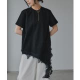 ブラック | 裾 レース ドッキング アシンメトリー Tシャツ | 210nouve