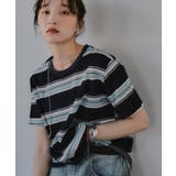 ネイビー | 配色 マルチボーダー シアー Tシャツ | 210nouve