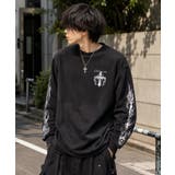 ブラック | クロス×スカルプリント ワッフルロンT メンズ ロングTシャツ 十字架 | 8(eight)