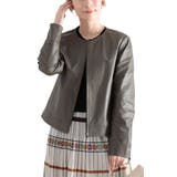 カーキ | 上質ラムレザーのノーカラージャケット レディース ファッション | Sawa a la mode