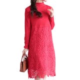 レッド | 花レース切り替えのハイネックワンピース レディース ファッション | Sawa a la mode
