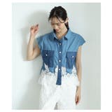 優美なレースドッキングのフレンチスリーブダンガリーシャツ レディース ファッション | Sawa a la mode | 詳細画像6 