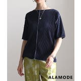 ネイビー | 春新作 ディティールで魅せる配色メロープリーツ半袖トップス レディース | Sawa a la mode