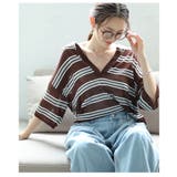 ブラウン×ブルー | 軽やかな透け感が爽やかなボーダーポロキーネックニットプルオーバー レディース | Sawa a la mode