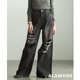 ブラック | 抜け感生まれるレースインダメージデニムパンツ レディース パンツ | Sawa a la mode