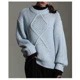 ブルー | ざっくり編みの表情が魅力なフロントダイヤ柄ローゲージニットトップス レディース | Sawa a la mode