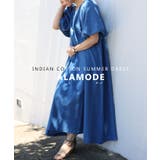 ネイビー | 柔らかな雰囲気宿るバルーンスリーブインド綿ワンピース レディース ファッション | Sawa a la mode