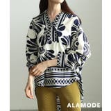 ブルー | 大胆柄で魅せるアフリカン柄キーネックチュニック レディース トップス | Sawa a la mode