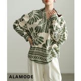 グリーン | 大胆柄で魅せるアフリカン柄キーネックチュニック レディース トップス | Sawa a la mode