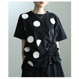 ブラック | 独特な立体感を生むドット柄異素材ギャザーカットソー レディース ファッション | Sawa a la mode