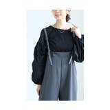 ブラック | 目を惹くふんわり袖の異素材ドッキングトップス レディース ファッション | Sawa a la mode
