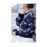 ネイビー | こなれた大人の可愛さ溢れるリボン柄ニットプルオーバー レディース ファッション | Sawa a la mode