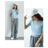 ブルー | デイリーコーデに役立つVネックケーブルサマーニットプルオーバー レディース ファ… | Sawa a la mode