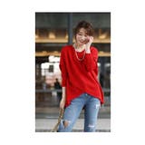 レッド | フロントスリット入りニットドルマントップス レディース ファッション | Sawa a la mode